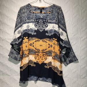 ALFANI Women’s Blouse/shirt Navy White Orange Loose Flowy Fit Light Weight Boho‎